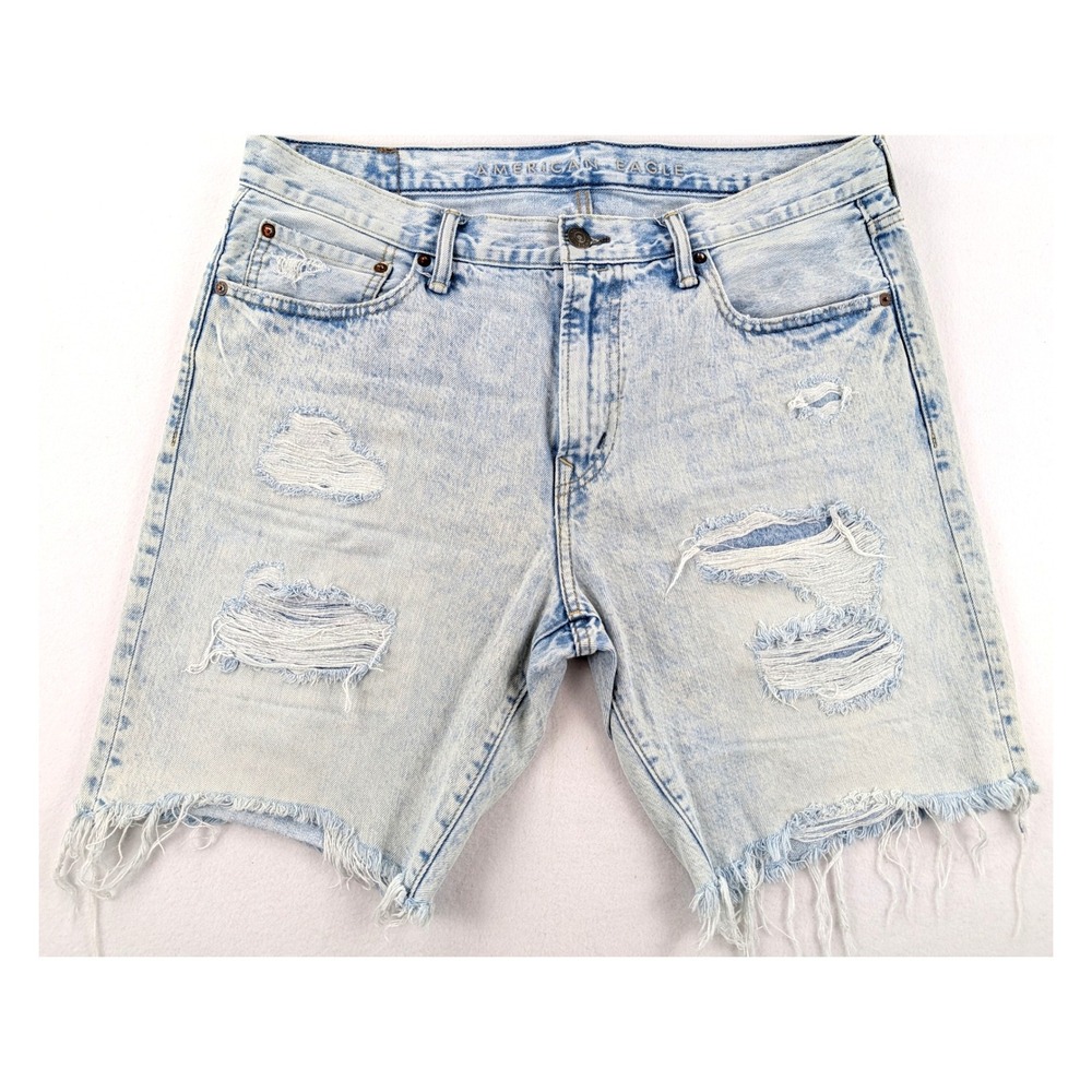 American Eagle Distressed Denim Shorts Mens 35 Light Wash Frayed Cotton